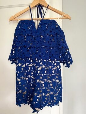 J.O.A. Royal Blue Crochet Halter Romper with Cream Lining